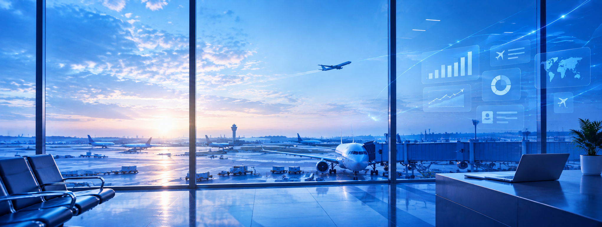 Futuristic Airport Lounge at Sunrise